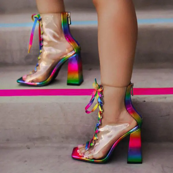 Multicolor Open Toe Ankle Boots Lace-Up Chunky Heel Clear Booties