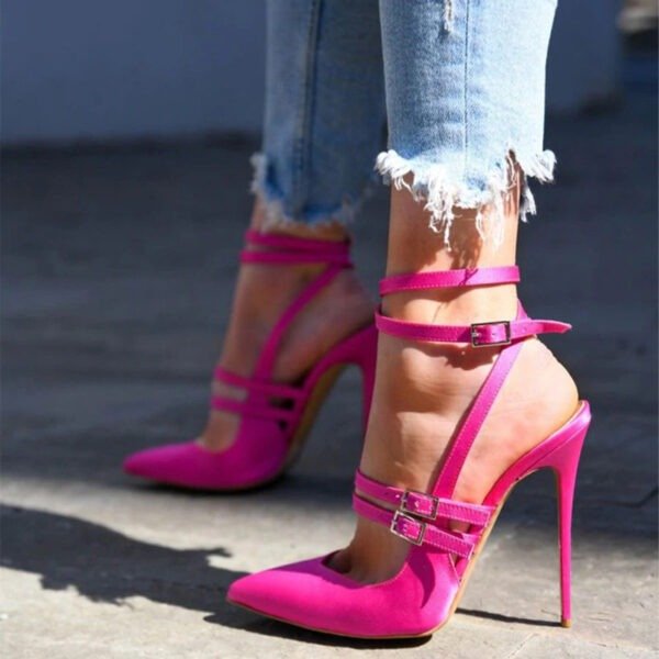 Fuchsia Satin Pointed Toe Buckled Strappy High Heel Shoes