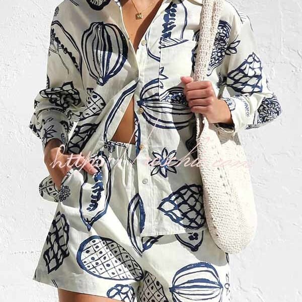 Parkside Pretty Tropical Fruit Print Loose Shirt and Elastic Waist Pocketed Shorts Set