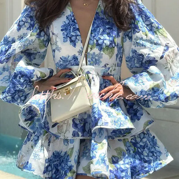Feminine and Sexy Floral Print Deep V-neck Balloon Sleeve Tiered Mini Dress