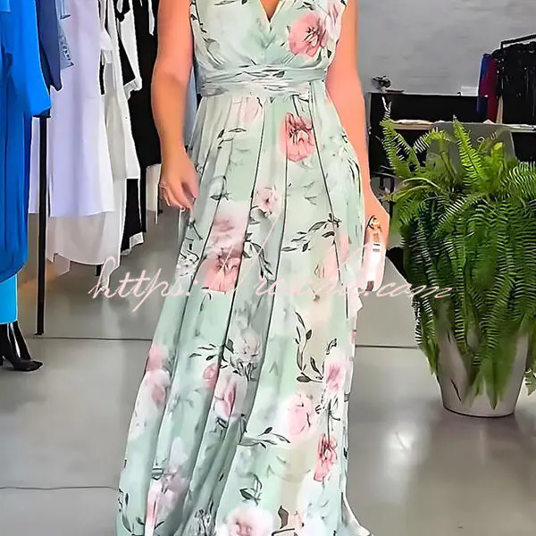 Floral Print V-neck Lace-up Maxi Dress