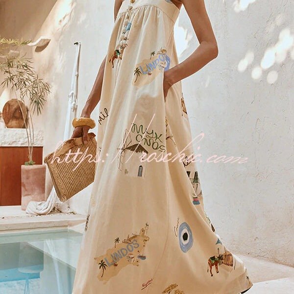 Linen Blend Sling Backless Loose Holiday Maxi Dress
