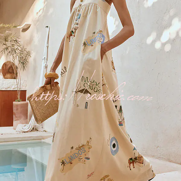 Linen Blend Sling Backless Loose Holiday Maxi Dress