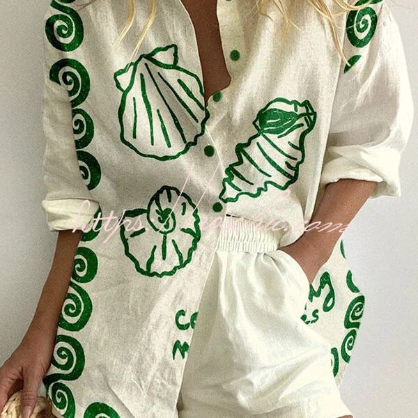 Vacation Green Shell Print Button Elastic Waist Pocket Shorts Set