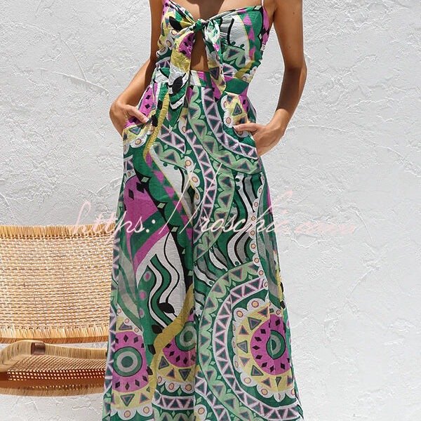 Unique Printed Suspender Back Pleated Pocket Wide-leg Jumpsuit