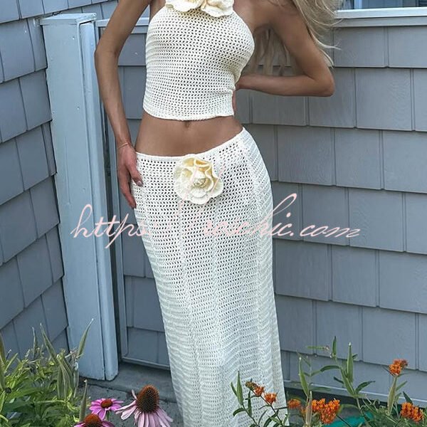 Blooming Sexy Knit Floral Halter Top and Stretch Crochet Maxi Skirt Cover-up Set