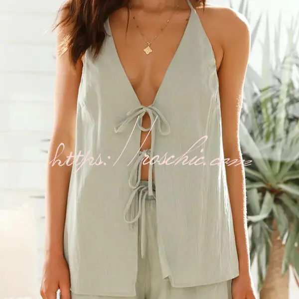 Linen Blend Solid Sleeveless Halter Top and Elastic Waist Tie Shorts Set