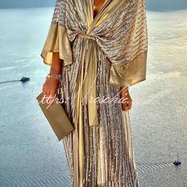 Dreamy Evenings Sequin Retro Court Style Kimono Maxi Dress