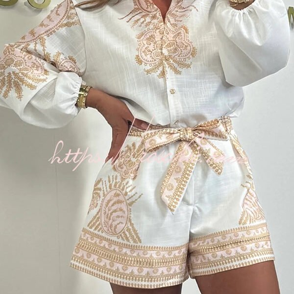 Linen Blend Unique Print Puff Sleeve Shirt and Waist Tie Loose Shorts Set