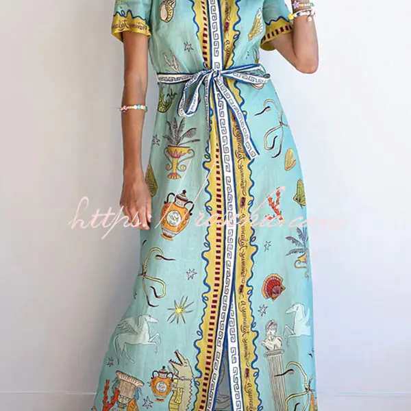 Deep Sea Dreaming Linen Blend Unique Print Short Sleeve Tie-up Shirt Maxi Dress