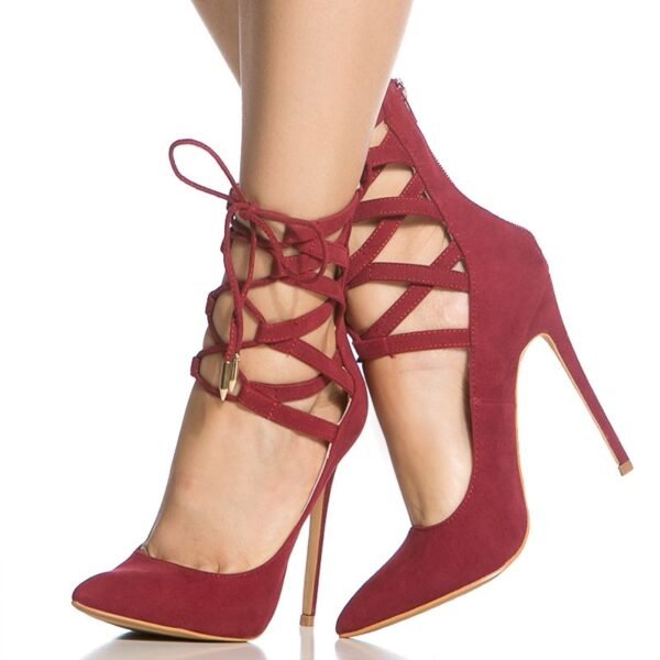 Red Vegan Suede Lace Up Pumps Pointed Toe Strappy Stiletto Heels