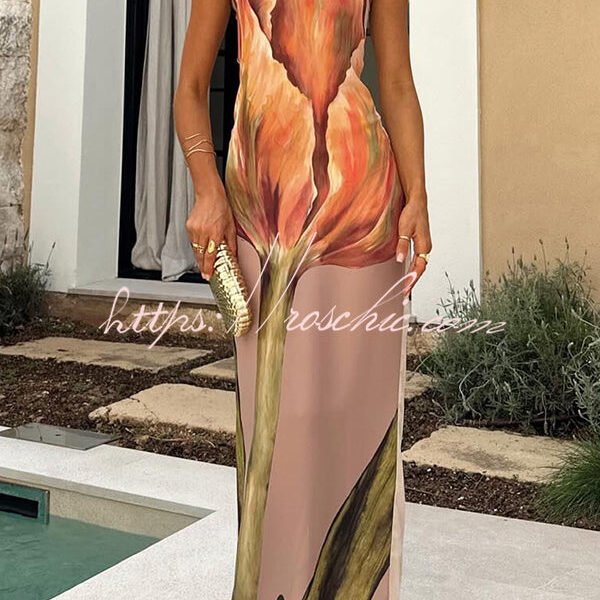 Beautiful Melody Chiffon Floral Print Bandeau Loose Maxi Dress