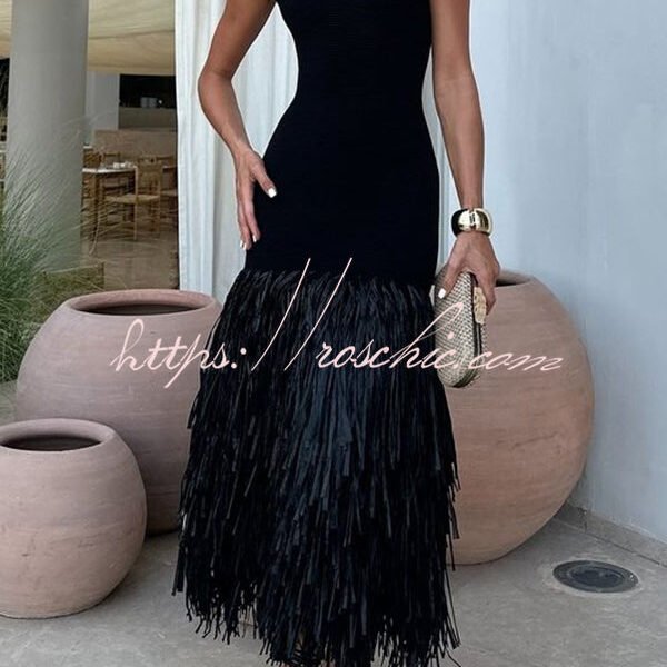 Christie Ribbed Patchwork Tiered Fringed Hem Zipper Backless Maxi Dress