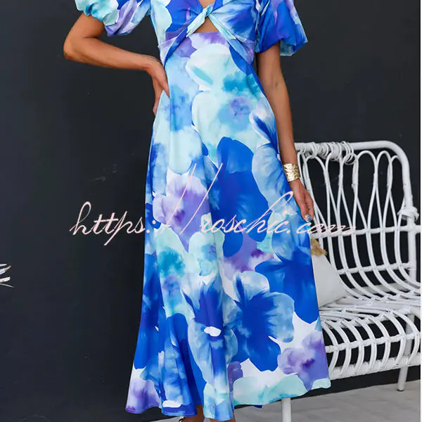 Sophia Floral Print Satin Puff Sleeve Twist Bust Cutout Midi Dress