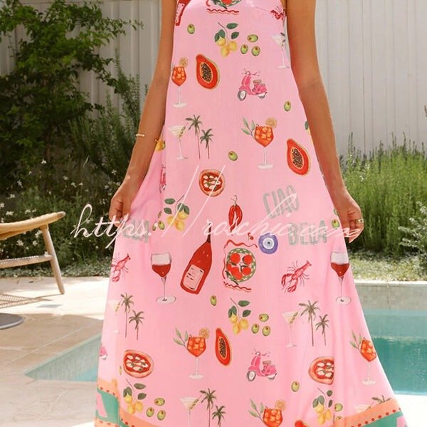 Linen Blend Unique Printed Strapless Holiday Loose Maxi Dress