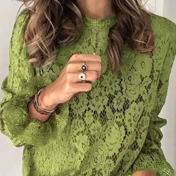 Long Sleeve Openwork Lace Blouse(4 Colors)