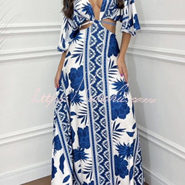 Wilma Unique Print Cutout Elastic Waist Tie-up Kimono Sleeve Maxi Dress