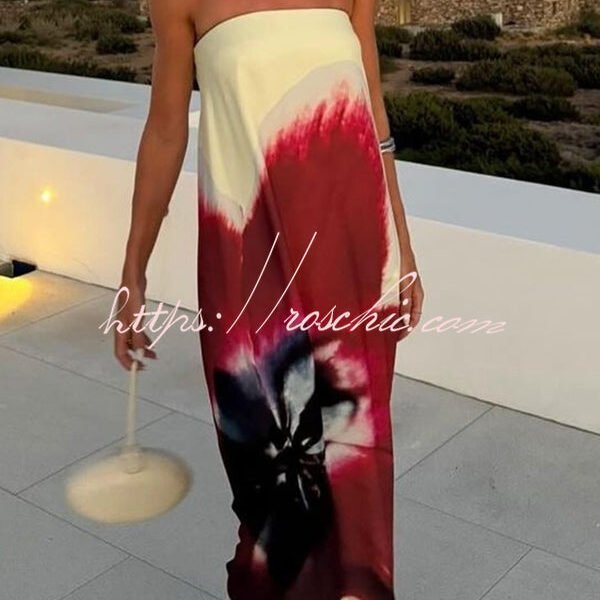 Floral Print Sexy Strapless Backless Belt Maxi Dress