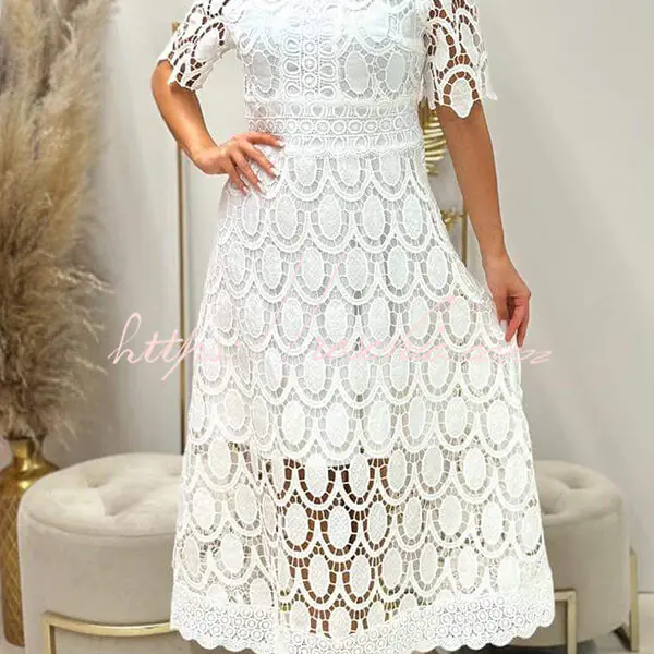 Elegant Crocheted Cutout Lace Short-sleeved Stand-collar Midi Dress