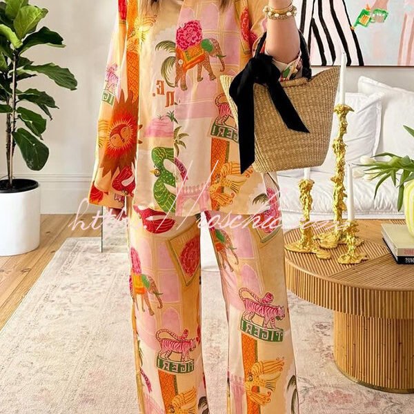 Unique Printed Casual Long Sleeved Shirt Top and Elastic Waist Loose Pants Sets