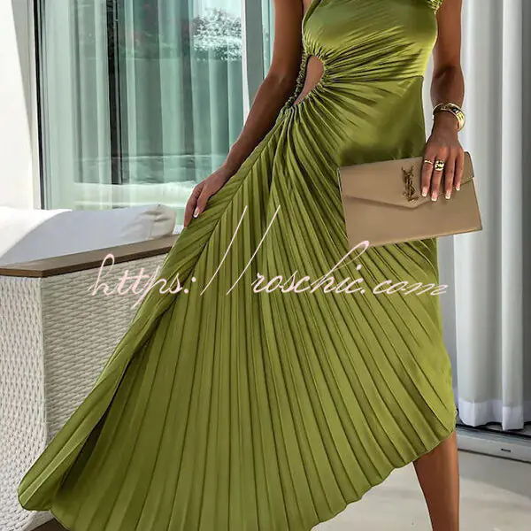 Romantic Nights Satin Raised Flower Elastic Cutout One Shoulder Pleated Maxi Dress