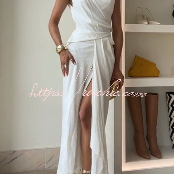 Sculptural Effect Linen Blend Twisted Shoulder Strap Drape Maxi Dress