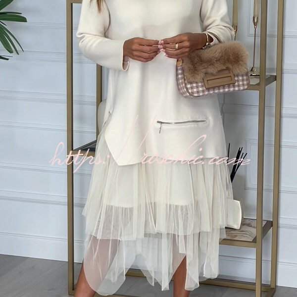Taylor Knit Turtleneck Zip-up Top and Elastic Waist Tulle Loose Midi Skirt Set