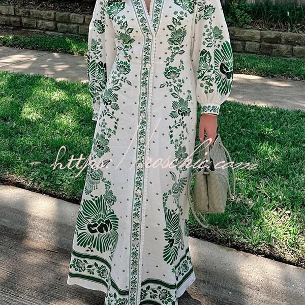 Forest Soul Unique Print Button Down Long Sleeve Shirt Maxi Dress