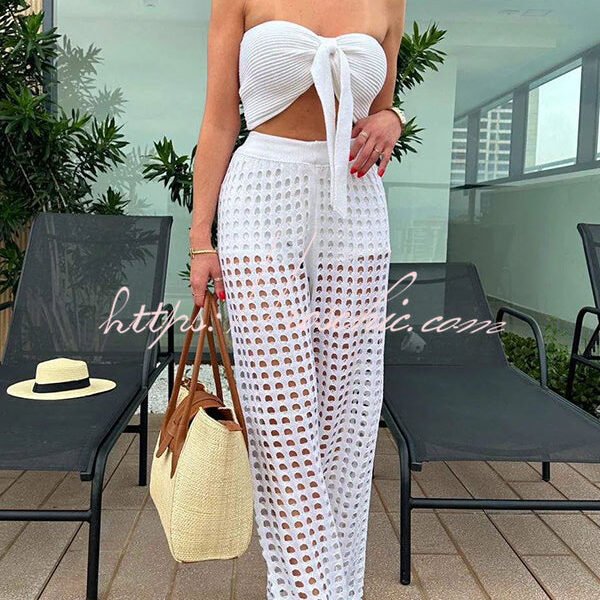 Riley Knit Front Knotted Bandeau and Stretch Hollow Out Wide Leg Pants Set
