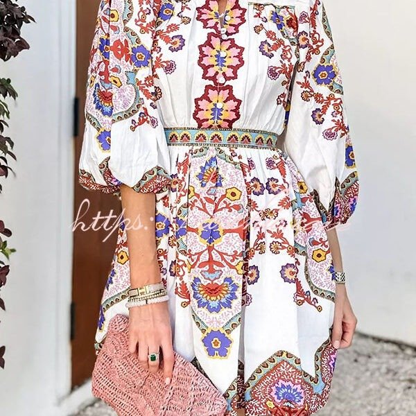 Fun and Vibrant Linen Blend Unique Print Puff Sleeve Pocketed Shirt Mini Dress