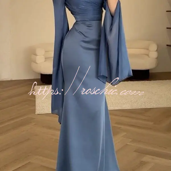 Liora Ruched Organza and Satin Patchwork Design Long Bell Slit Sleeve Maxi Dress