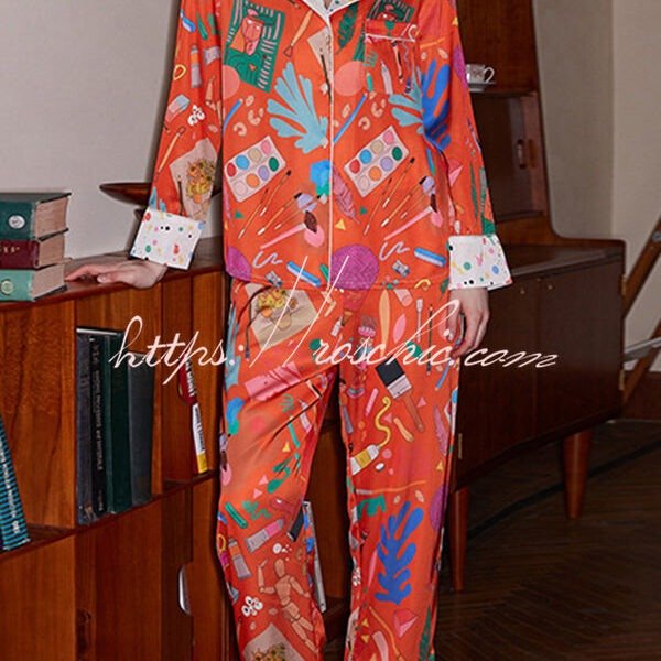 Orange Stationery Printed Home Long Sleeved Two-piece Set