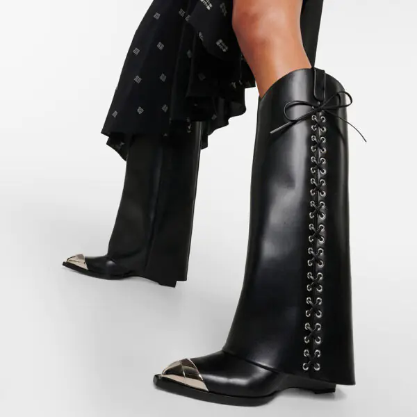 Black Pointed Toe Wedge Heel Shoes Lace-up Knee Fold Over Boots