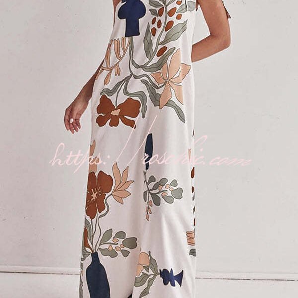 Matches The Vacation Unique Print One Shoulder Tie-up Pocketed Loose Maxi Dress