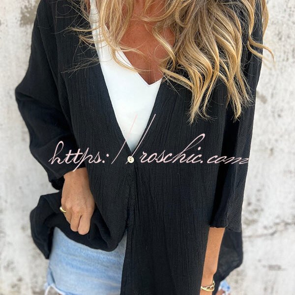 Solid Color V-neck Loose Long-sleeved Button Top