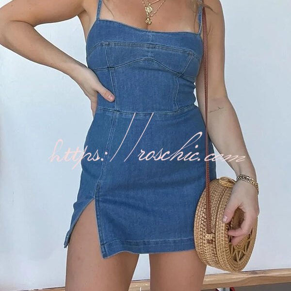Sexy Backless Slim Fit Slit Denim Mini Dress