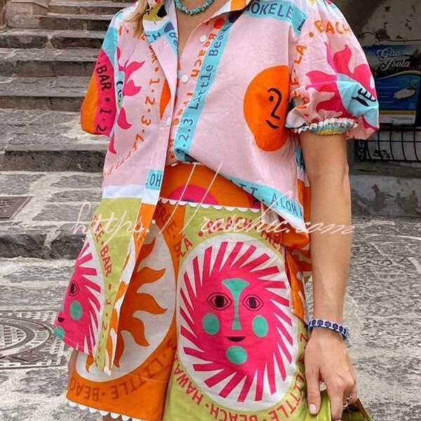 Quirky Sun Print Button Down Elastic Waist Pocket Shorts Set