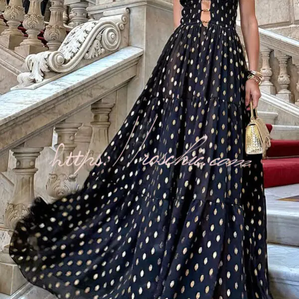 Charming View Chiffon Gold Polka Dot Print Cutout Lightweight Maxi Dress