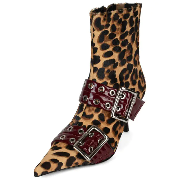 Leopard Print Pointed Toe Maroon Grommet Buckle Strap Heeled Booties