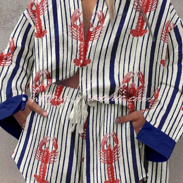 Incredible Lobster Track Print Button Up Lace Up Shorts Set