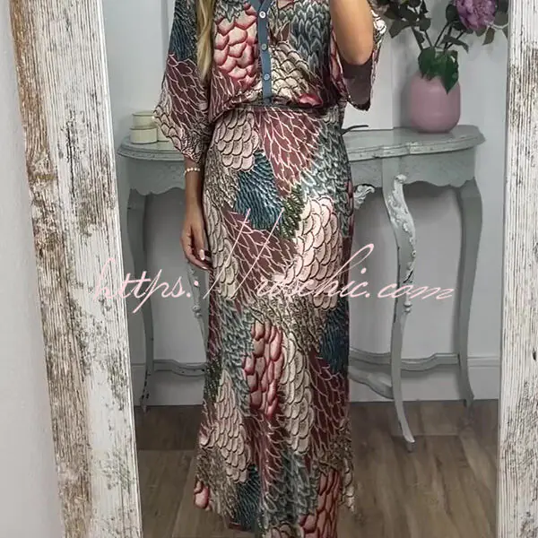 Harlen Satin Unique Printed Loose Shirt Top and Elastic Waist Maxi Skirt Set