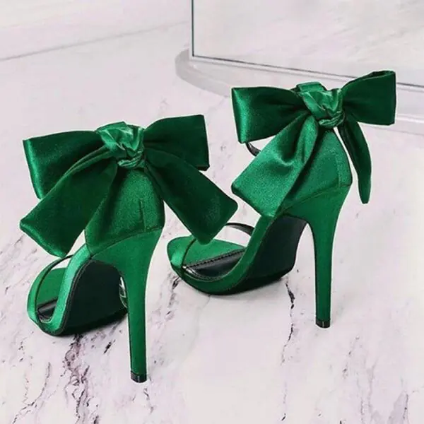 Green Satin Bow Stiletto Heels Ankle Strap Sandals