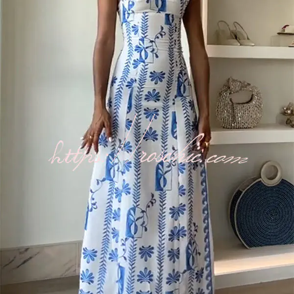 Freya Linen Blend Floral Wave Print Ruched Bust Strapless Maxi Dress