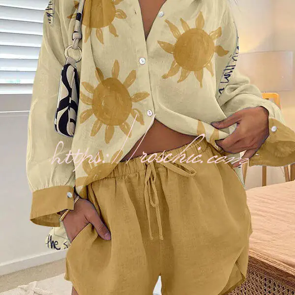 Simple Summer Sun Print Buttoned Lace Up Shorts Set