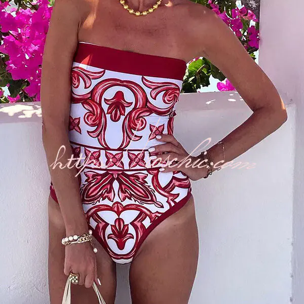 Summer Lovin Unique Royal Print Strapless One Piece Stretch Swimsuit and Pareo