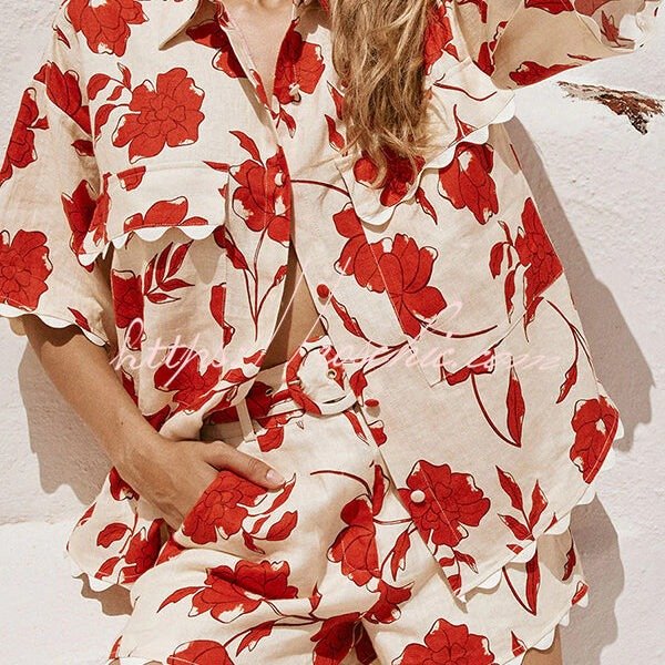 Ellora Linen Blend Floral Wave Trim Short Sleeve Shirt and Belt Pocketed Loose Shorts Set