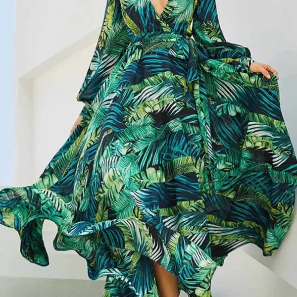 V-Neck Leaf Print Maxi Dress
