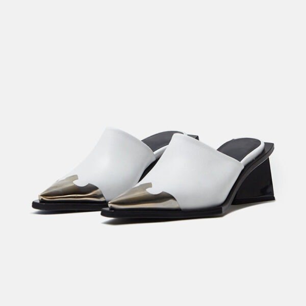 White Metal Toe Cap Decorative Heel Mules for Women