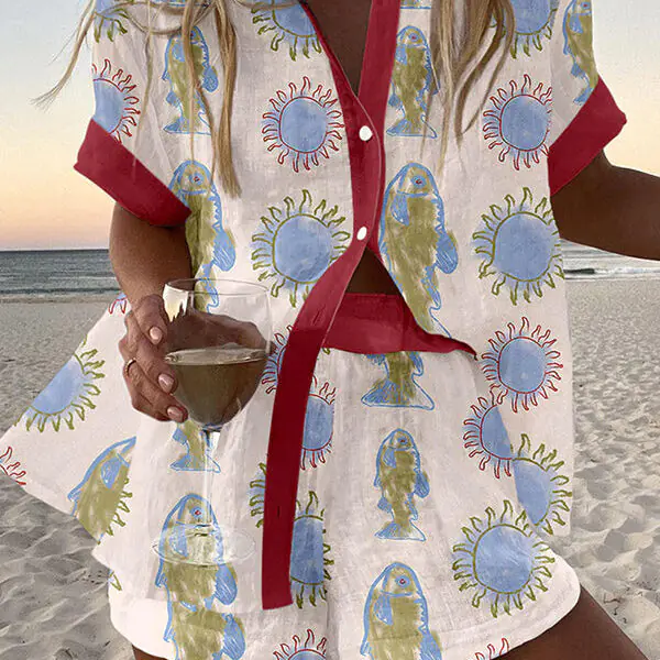 Fish and Sun Print Loose Button Elastic Waist Shorts Set