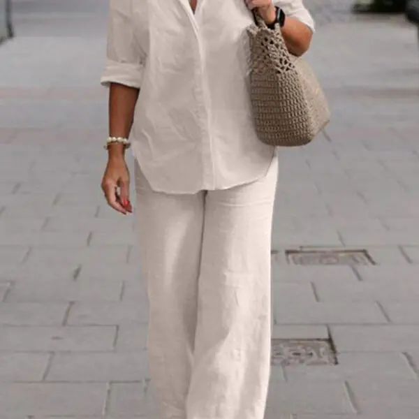 Solid Color Casual Long-sleeved Shirt and Elastic Waisted Loose Wide-leg Pants Set